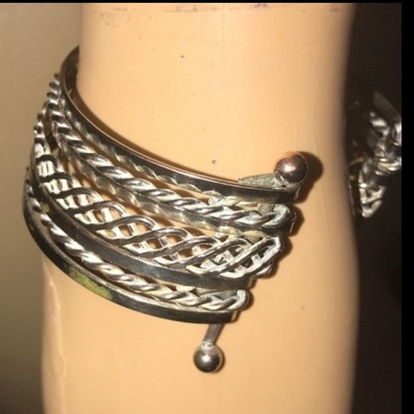 Vintage Cuff Bangle Bracelet silver brass tone stacked & barbell end  2.5" X 1" - Picture 8 of 11